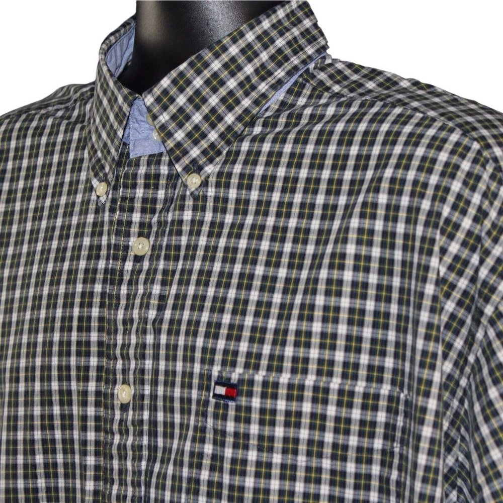 VTG Tommy Hilfiger XL 90's Big Flag Logo Green Yellow Check Oxford Dress Shirt - Picture 7 of 11